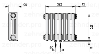 Схема (чертеж) Радиатор Zehnder Charleston 3037/7 №5410 Белый глянцевый RAL 9016